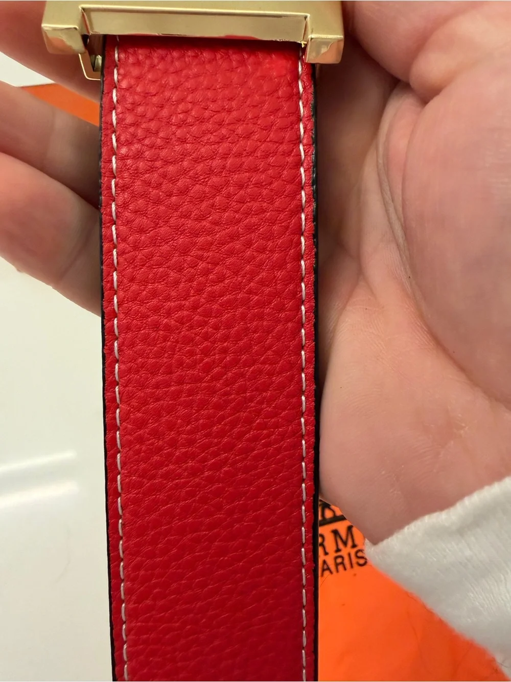 Hermès Reversible H Belt – Red & Black Leather, Gold H Buckle, Box & Dust Bag